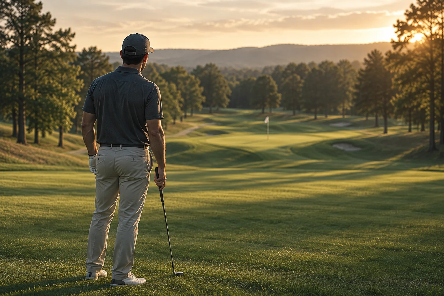 Golfer looking toward a clear target line down the fairway