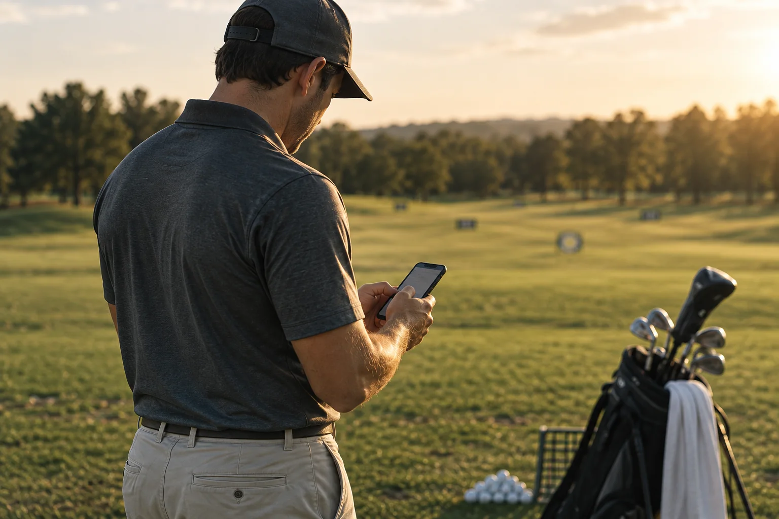 Golfer logging a practice shot on a phone at the range