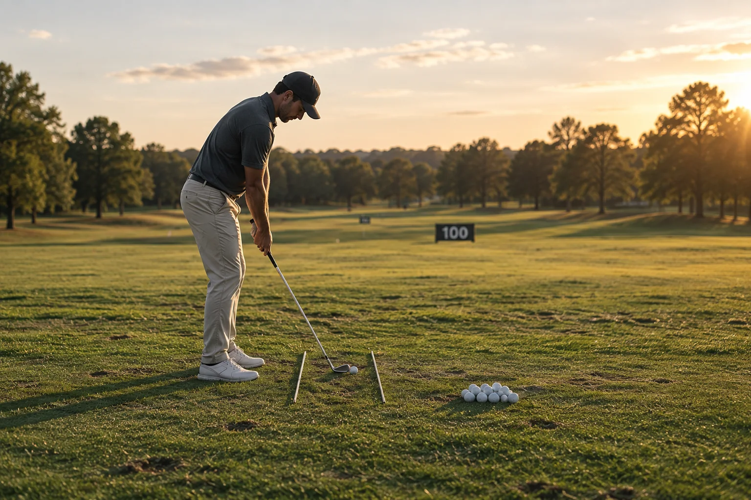 Golfer practicing an iron drill through an alignment-stick channel at the range